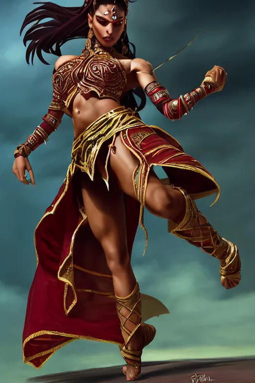 Prompt: Full body Picture of a Battle Dancer, arab inspired, wearing two metallic rings, dark brown skin, light red hair, waist reaching ponytail, crimson attire, exposed midriff, battle, detailed face, dark green eyes, D&D, by artgerm and Craig Mullins, James Jean, Andrey Ryabovichev, Mark Simonetti and Peter Morbacher, matte painting, trending on artstation, artstationHD, artstationHQ, octane