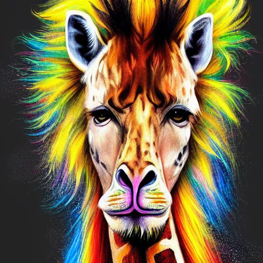 Prompt: cute fluffy giraffe with long colorful flowing lion mane with mohawk hairstyle hybrid animal detailed painting 4 k