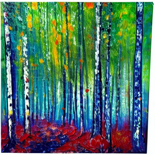 Image similar to paint splatter of a forest with green, blue, red tree trunks. acrylic of canvas, impressionist painting