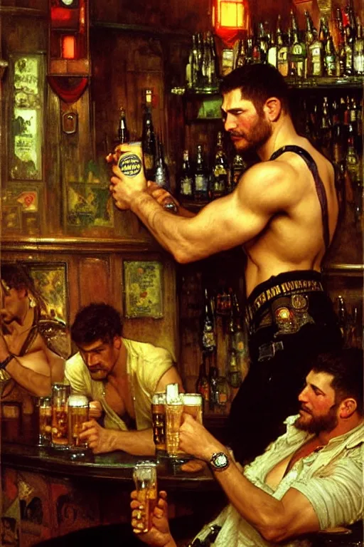 Image similar to chris redfield drinking beer in a bar, painting by gaston bussiere, craig mullins, greg rutkowski, alphonse mucha