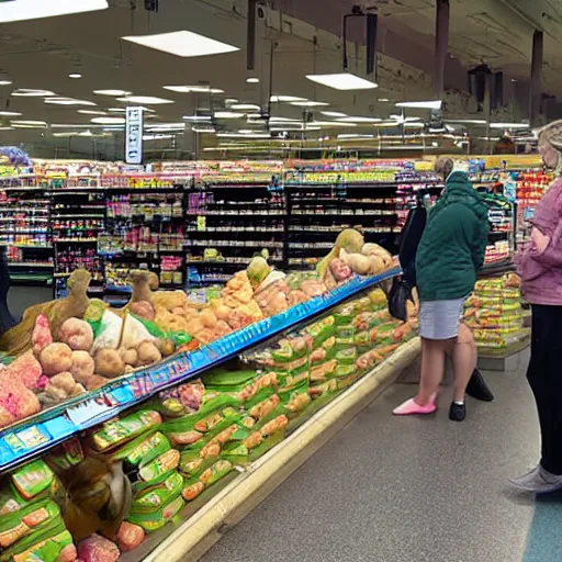 Prompt: Large ducks queuing at the checkout of a supermarket