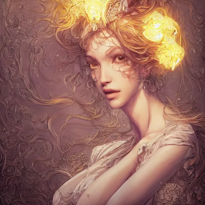 Image similar to the portrait of one sensual lemon personified as an absurdly beautiful, graceful, elegant, sophisticated, young woman made, an ultrafine hyperdetailed illustration by kim jung gi, irakli nadar, intricate linework, bright colors, octopath traveler, final fantasy, unreal engine 5 highly rendered, global illumination, radiant light, detailed and intricate environment