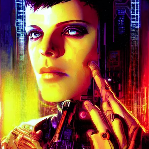 Image similar to Molly from the novel Neuromancer, eye implants, portrait shot, cyberpunk, illustration, poster art by Drew Struzan