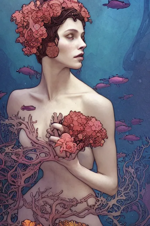 Prompt: profile portrait of a beautiful mysterious woman underwater, hidden hands holding a bouquet of flowers, corals and fish, by eve ventrue, michael carson, andreas rochas, john watkiss, casey weldon, artgerm. art nouveau. tarot card by mucha. gloomhaven. swirly intricate linework background. gaudy colors, sharp edges. octane render