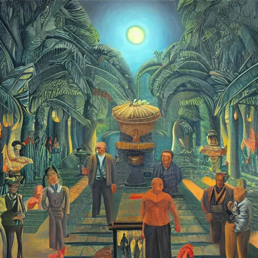 Image similar to high quality, high detail painting, dutch masterpiece, darryl mccray, film noir, diego rivera, high garden scene with quetzalcoatl at night, hd, muted lighting