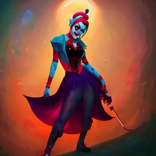 Image similar to harley quinn as an adorable vampire fairy, 8 k resolution matte fantasy painting, cinematic lighting, deviantart artstation, by lisa frank, by peter mohrbacher, by alena aenami