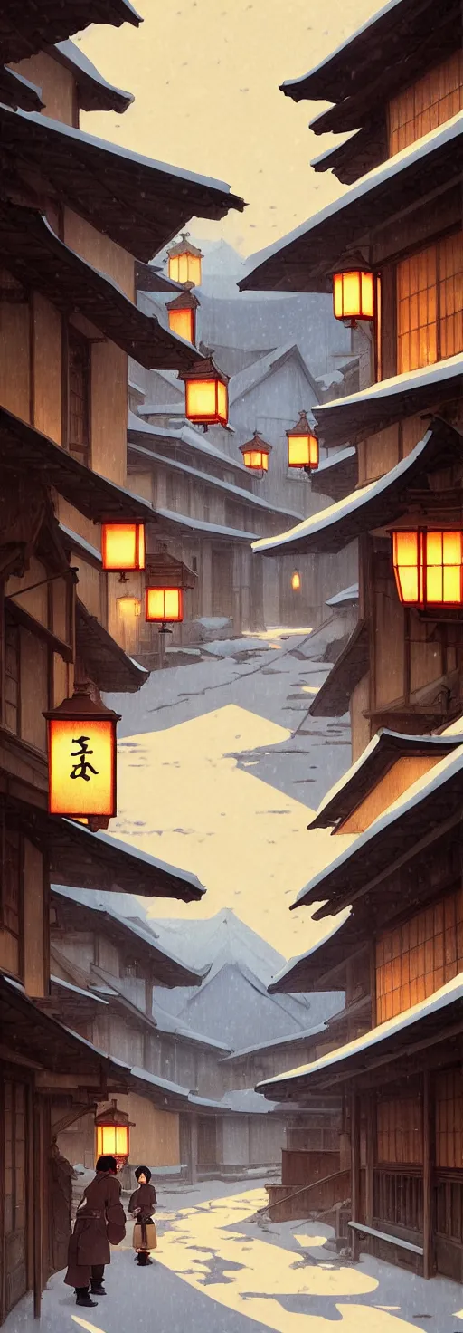 Image similar to empty rural japanese town at night, winter, in the style of studio ghibli, j. c. leyendecker, greg rutkowski, artem