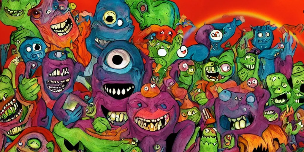 Image similar to giant scary claymation monsters eating eachother and merging into eyeballs and rainbows