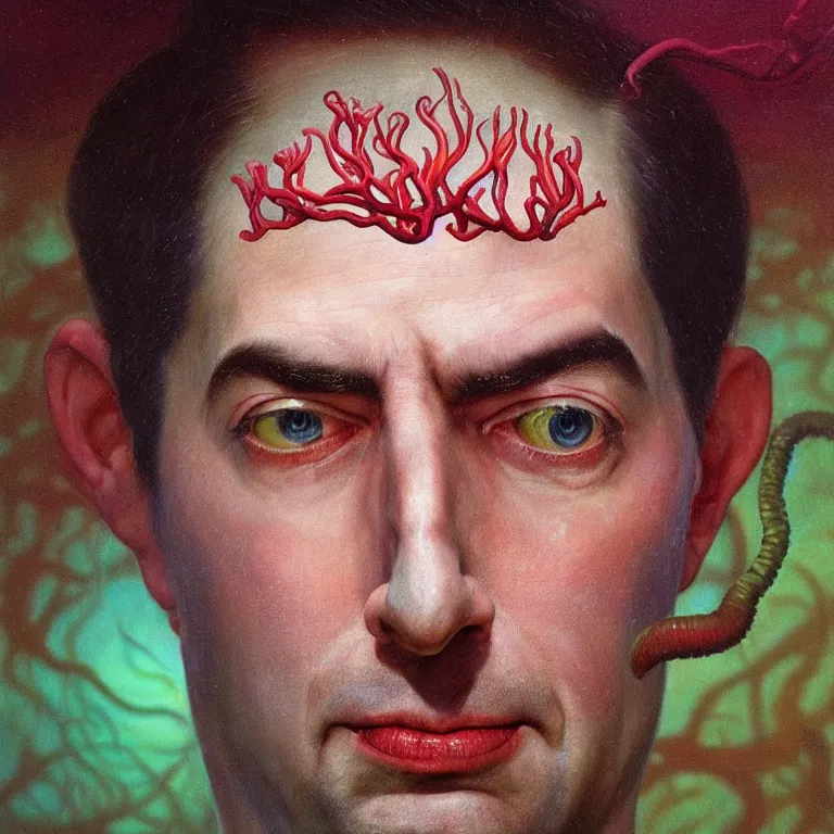 Image similar to Hyperrealistic intensely colored close up studio Photograph portrait of deep sea bioluminescent Senator Tom Cotton, symmetrical face realistic proportions eye contact tentacles, Weeping in a coral reef underwater, award-winning portrait oil painting by Norman Rockwell and Zdzisław Beksiński vivid colors high contrast hyperrealism 8k