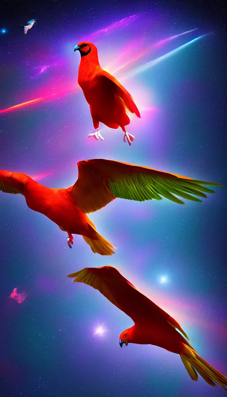 Prompt: highly detailed photo of single big colorful bird flying in the dark space, bird's head and eye are visible, hyper realistic, concept art, 8 k detail post - processing