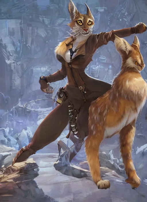 Image similar to wide angle beautiful full body portrait of a strong female anthropomorphic anthro lynx fursona wearing a steampunk leather pants. from behind, paw pads, character design by disney, anime, manga, charlie bowater, ross tran, artgerm, and makoto shinkai, detailed, soft lighting, rendered in octane, white fur, white lynx face