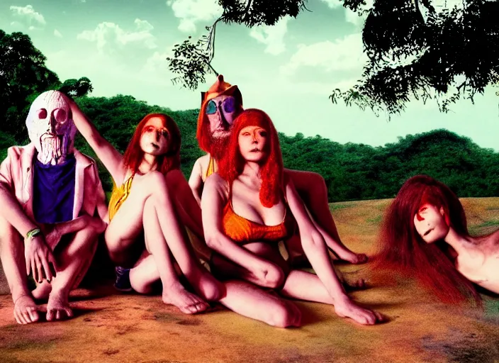 Image similar to photo of dadcore occult wizards and momcore witches on vacation at palenque, by richard corben by william eggleston by annie leibovitz, fujifilm velvia 5 0. masterpiece. intricate, hyper realism, high detail, octane render, unreal engine, 8 k, by katsuhiro otomo