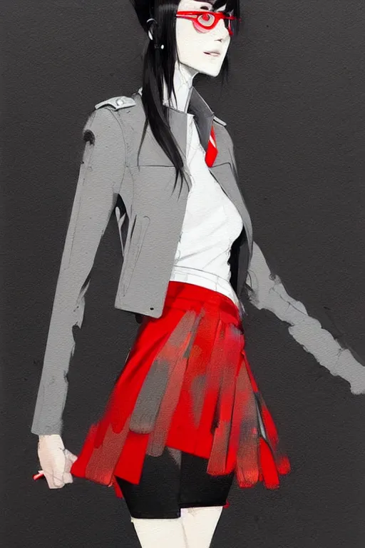 Image similar to a ultradetailed painting of a stylish woman wearing a grey jacket with red skirt, by conrad roset, greg rutkowski and makoto shinkai trending on artstation