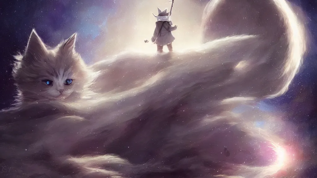 Prompt: one cartoonish kitten dressed as Gandalf floating in space, bright stars, anime, a fantasy digital painting by Greg Rutkowski and James Gurney, trending on Artstation, highly detailed