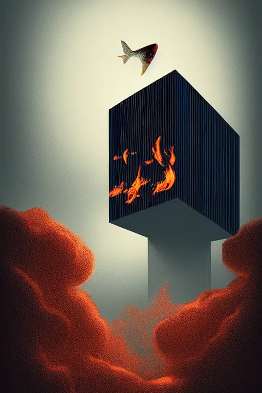 Image similar to burning overgrowth!!!!!+a lone man+fish flying in the sky, Mads Berg, Karolis Strautniekas, film noir, stippled light, dramatic lighting,editorial illustration, detailed,fine texture, matte print, art deco, brutalism, dark blue + dark orange, red, black, ((habitat 67 background))