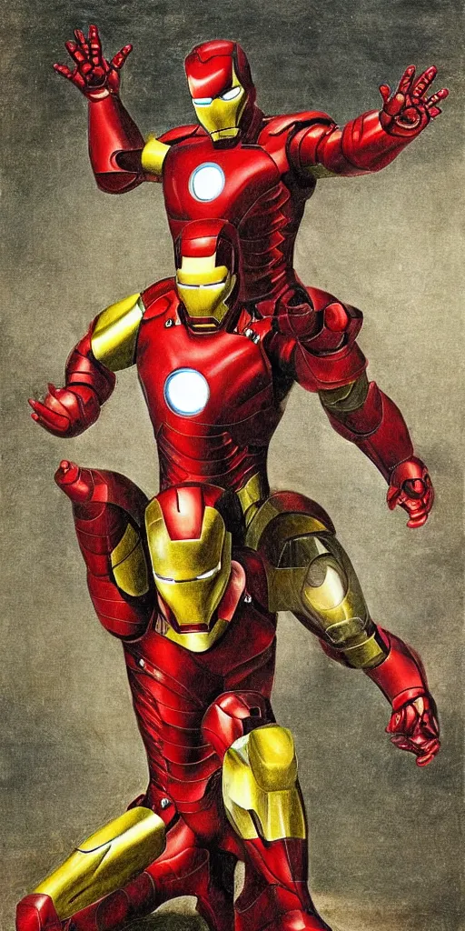 Prompt: iron man by hieronymus bosch, highly detailed, realistic, abstract background, action pose