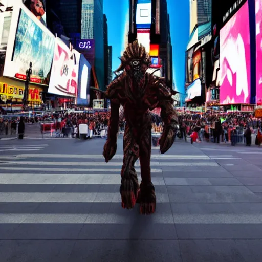 Prompt: demogorgon walking peacefully in times square in the middle of crowdm dawn sunny day, lens flare, hyper realistic, intrincate, 16k, unreal render engine