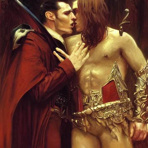 Image similar to attractive male, arthur pendragon confesses his love to attractive male dracula the vampire. highly detailed painting by gaston bussiere, craig mullins, j. c. leyendecker 8 k