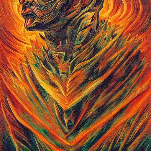 Image similar to anthropomorphic god of fire, surreal by dan mumford and umberto boccioni, oil on canvas