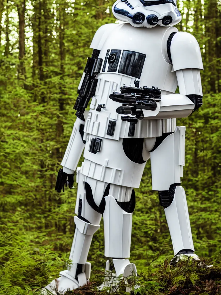 Prompt: still of a stormtrooper R2-D2, standing in the forest, golden hour, high quality, sigma 55mm, full body shot, ewoks