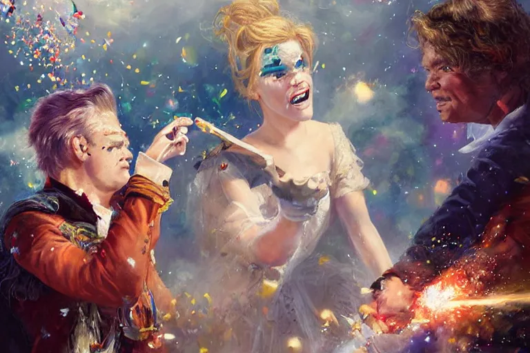 Image similar to portrait of rip taylor throwing confetti at an upset emma watson, an oil painting by ross tran and thomas kincade