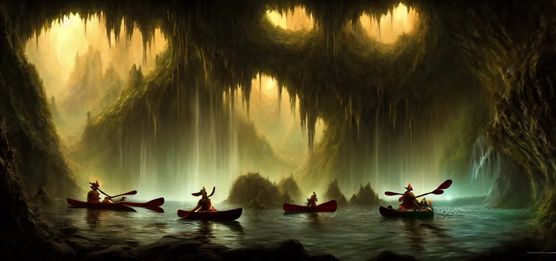 Prompt: video game concept art matte painting of elves canoeing underground through the glow worm caves in the style of stefan kostic, realistic, sharp focus, 8 k high definition, insanely detailed, intricate, mysterious, art by stanley lau and artgerm and luis royo