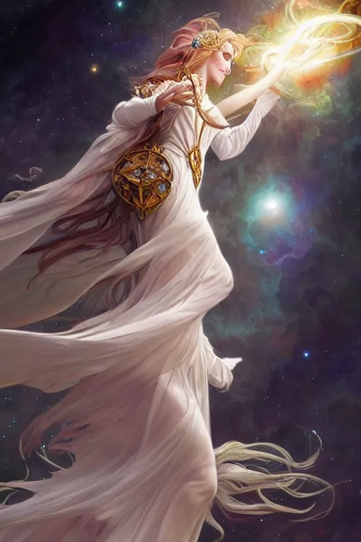 Prompt: white witch crafting magic spells, side view, crafting spells, bright witch, flying, fantasy, chaos, magic, dark magic, dramatic lighting, intricate, wild, highly detailed, digital painting, artstation, concept art, smooth, sharp focus, illustration, art by artgerm and greg rutkowski and alphonse mucha, footage from space camera