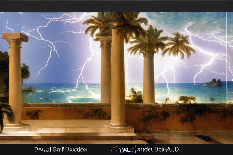 Image similar to mediterranean balustrade and columns, refracted lightnings on the ocean, thunderstorm, greek pool, beach and Tropical vegetation on the background major arcana sky and occult symbols, by paul delaroche, hyperrealistic 4k uhd, award-winning, very detailed paradise