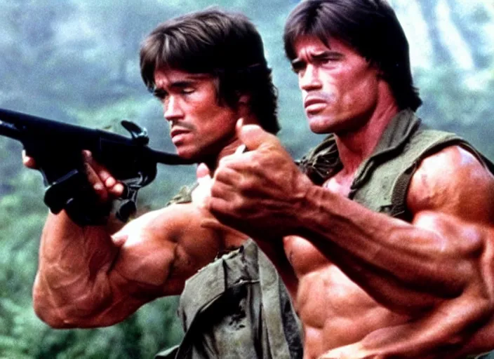 Image similar to arnold schwarzenegger in a still from the movie Rambo (1982)