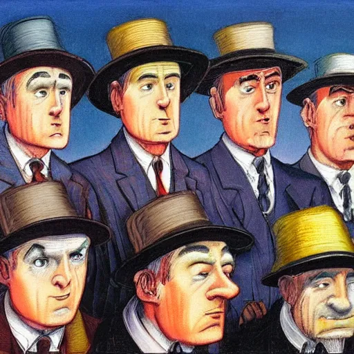 Prompt: A row of men in hats are standing, looking into the distance. the man in the centre is facing the front, looking downwards at his stomach by Frank Kelly Freas