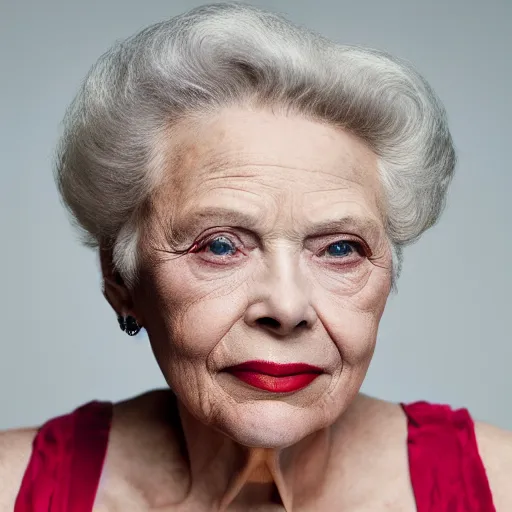 Image similar to old scarlett johannson actress at age 9 0 years old, color ( sony a 7 r iv, symmetric balance, polarizing filter, photolab, lightroom, 4 k, dolby vision, photography award ), vogue, perfect face