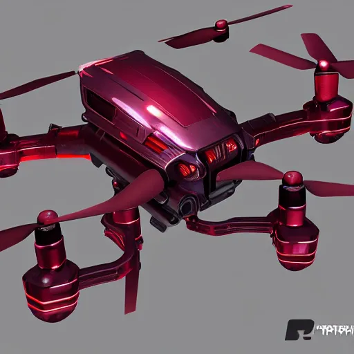 Prompt: concept art for a quadcopter drone, maroon accents, metallic reflections, gorgeous soft lighting, star citizen, trending on artstation, smooth, origin jumpworks, dji top down view