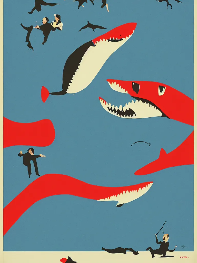 Prompt: Jaws movie poster in the style of Joan Miró