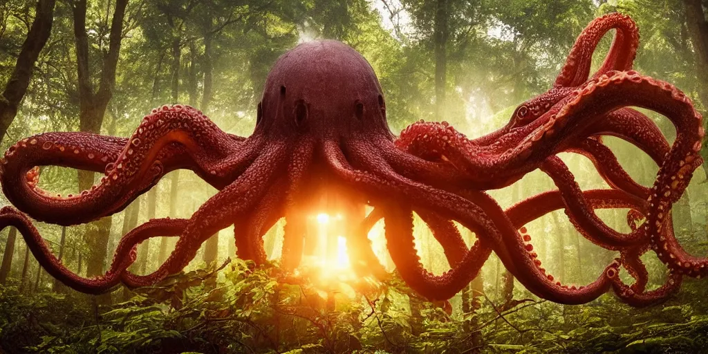 Prompt: a highly detailed giant octopus god floating in the middle of a forest, beautiful ambient light, sun rays hitting the slightly translucent creature, his eyes are black, golden hour, 8k photography