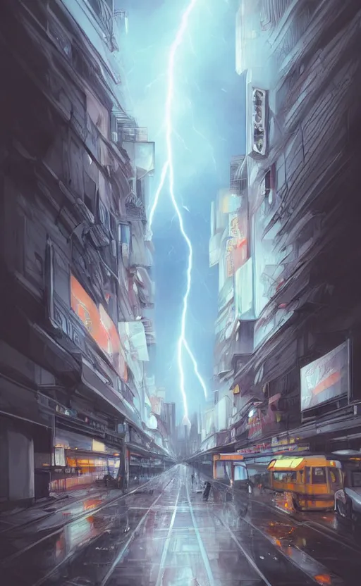 Image similar to large tokyo street, a person looks at the flashes of lightning bolts in sky, dark sky by artgerm, illustration, trending on artstation, deviantart,