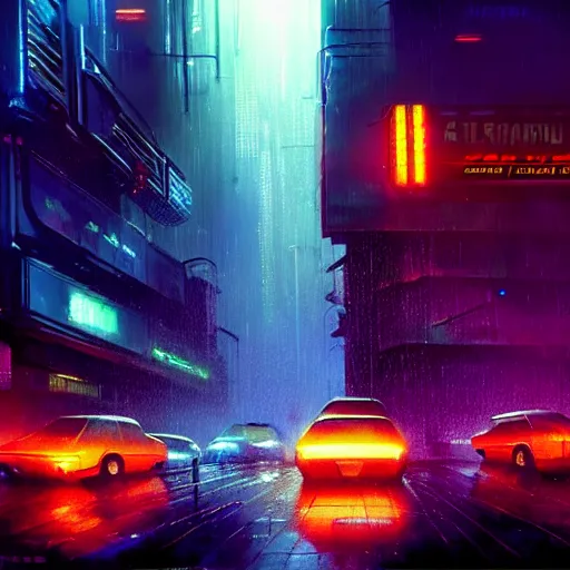 Prompt: photo of a rundown seedy futuristic city scene at night with bright neon lights, raining, bladerunner, sci fi splash art by craig mullins, greg rutkowski