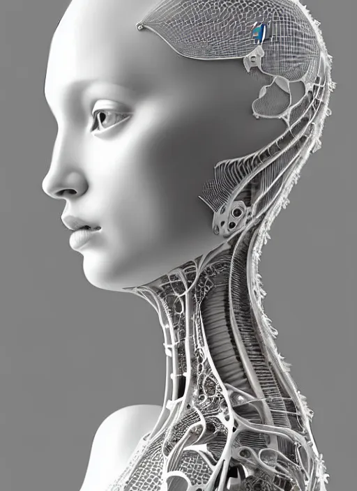 Prompt: complex 3d render ultra detailed of a beautiful porcelain profile young woman face, biomechanical cyborg, 150 mm lens, beautiful studio soft light, rim light, silver white gold details, magnolia big lemon leaves and stems, roots, fine foliage lace, mesh wire, Alexander Mcqueen high fashion haute couture, art nouveau fashion embroidered, steampunk, intricate details, hyper realistic, ultra detailed, mandelbrot fractal, anatomical, facial muscles, cable wires, microchip, elegant, octane render, H.R. Giger style, volumetric lighting, 8k post-production