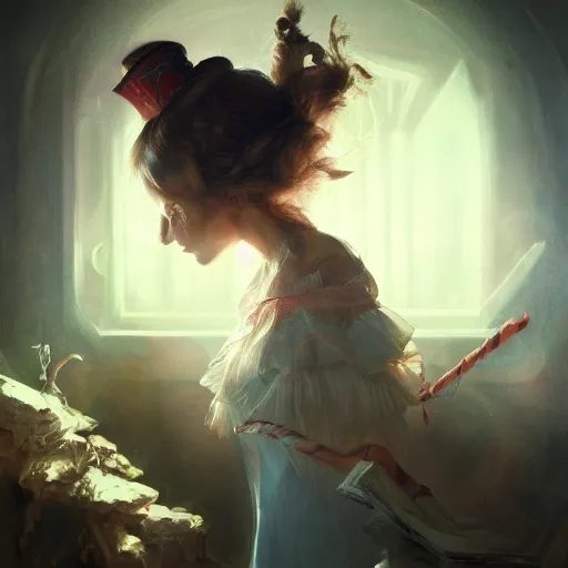 Image similar to alice in wonderland, dramatic lighting, chiaroscuro, high detail, painted by greg rutkowski, painted by igor kieryluk, painted by raymond swanland, trending on artstation