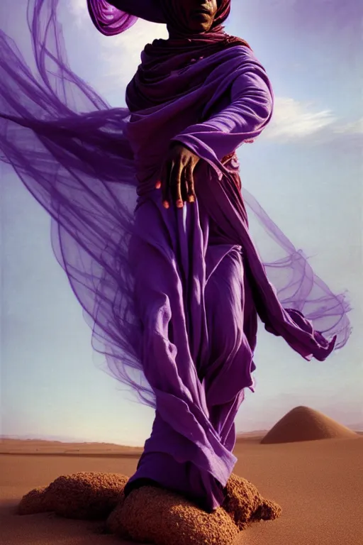 Image similar to full lenght flowing twisted clothes like tornado a old tuareg woman, many fabric, stones near foot, wind, stands on sand, full body shot, dark background, pastel purple colour scheme, jellyfish phoenix, highly detailed. by caravaggio, greg rutkowski