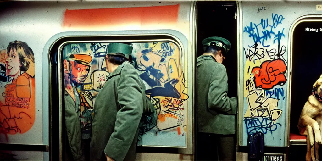 Image similar to new york subway cabin 1 9 8 0 s inside all in graffiti, 1 9 8 0 s policeman with the k - 9 dog, coloured film photography, christopher morris photography, bruce davidson photography