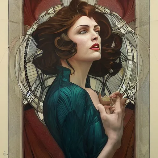 Image similar to a streamline moderne painting in the style of donato giancola, and in the style of charlie bowater, and in the style of alphonse mucha. symmetry, smooth, sharp focus, semi - realism, intricate detail.