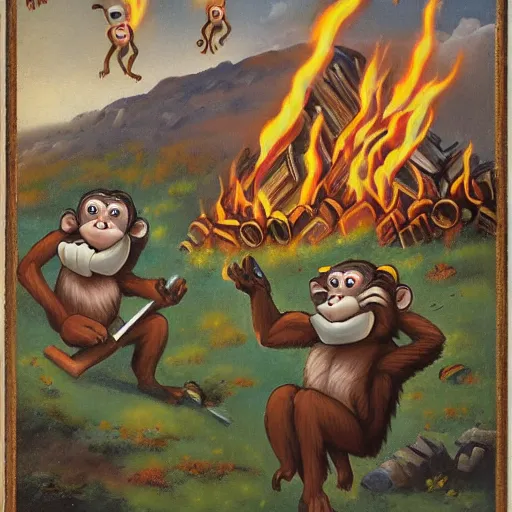 Image similar to [two anthropomorphic monkeys throwing books in a bonfire, behind them rockets are taking off. Matte painting, intricate, art by Gennady Mikhailovich Zykov]