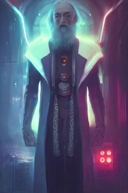 Image similar to portrait of cyborg Dumbledore in cyberpunk, neon lighting, night city, digital art from artstation by Ruan Jia and Mandy Jurgens and Artgerm and william-adolphe bouguereau and Greg Rutkowski