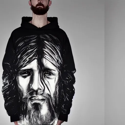 Image similar to jesus portrait wearing virgil abloh hoodie streetwear by nicola samori, off - white style