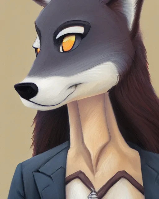 Image similar to oil painting of anthromorphic female wolf, in style of zootopia, female fursona, furry, furaffinity, 4 k, deviantart, furry art, fursona art, wearing black business suit, business suit, wolf fursona, female, very expressive detailed feminine face,