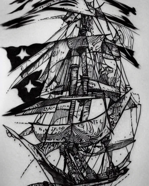 Image similar to A tattoo design on paper of a pirate ship, on paper, black and white, highly detailed tattoo, realistic tattoo, realism tattoo, beautiful shades