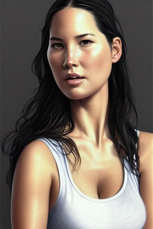 Image similar to pregnant olivia munn in a white tank top, realistic portrait, symmetrical, highly detailed, digital painting, artstation, concept art, smooth, sharp focus, illustration, cinematic lighting, art by artgerm and greg rutkowski and alphonse mucha