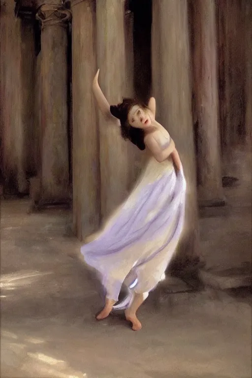 Prompt: ethereal girl dancing amidst ancient ruins in the style of john singer sargent