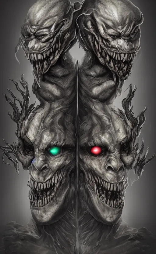 Image similar to full body portrait of of a two headed monster smiley creepily, dynamic lighting, photorealistic, fantasy concept art, ambient lighting, atmospherical, stunning visuals, creative, cinematic, ultra detailed, trending on art station