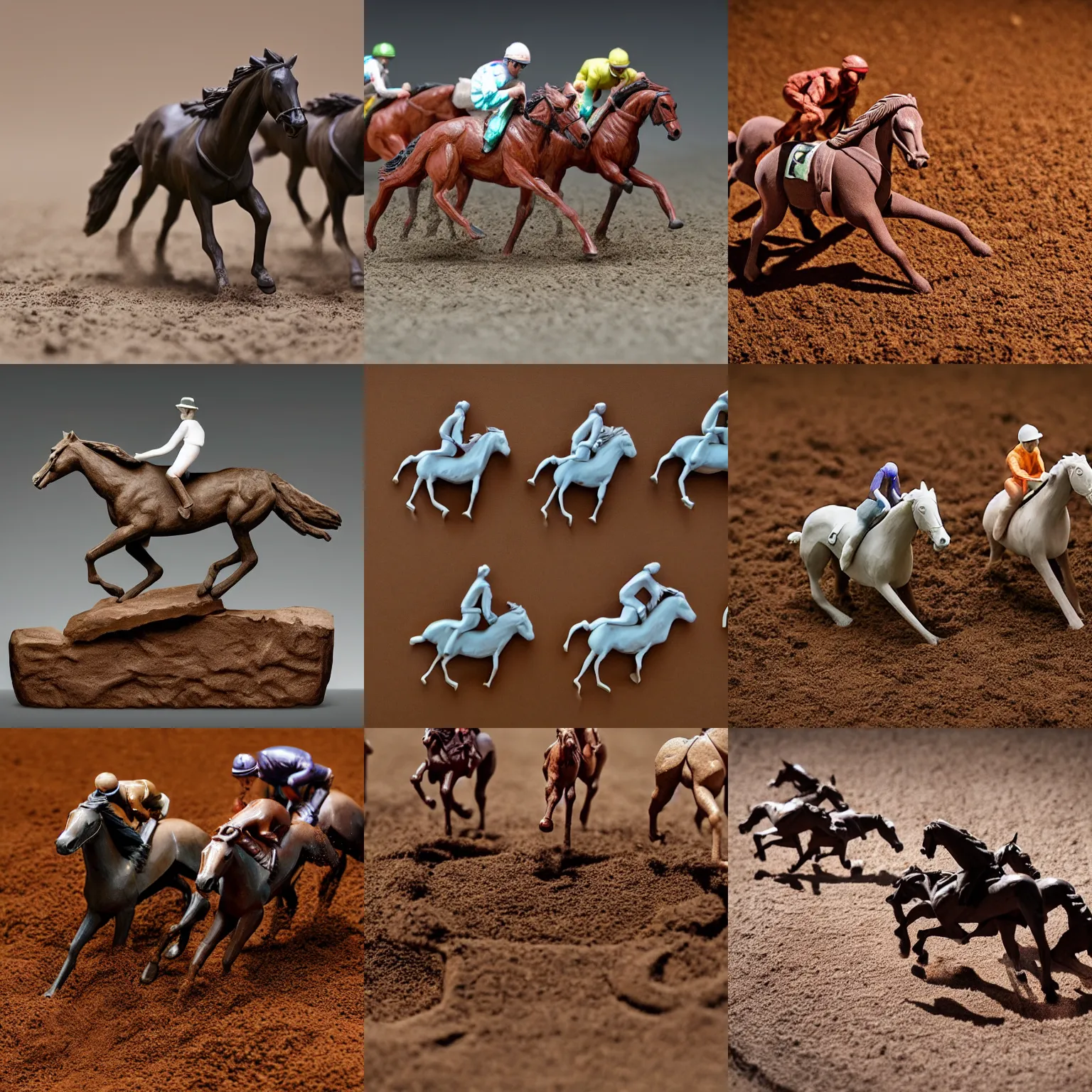 Prompt: horse race, clay, sculpture, macro photography